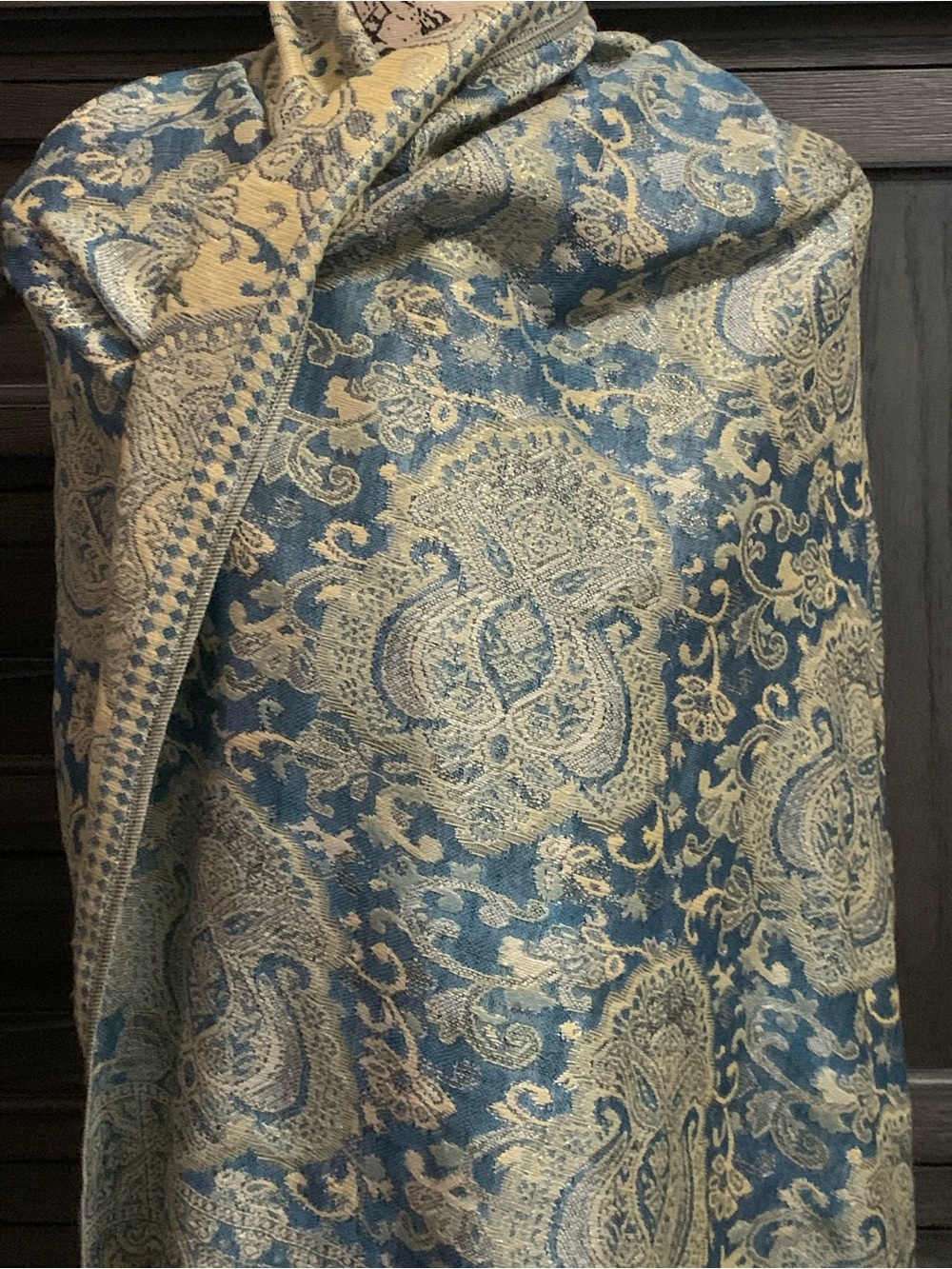 Blue and Cream Paisley Jacquard Shawl